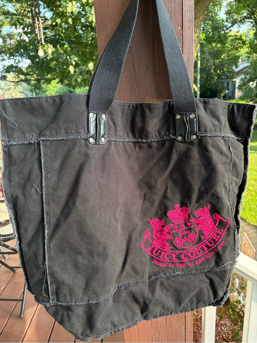 VTG Y2K Juicy Couture Distressed Canvas Tote Bag Black Pink Embroidered Crest